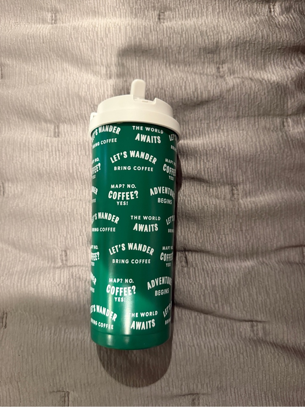 Starbucks Green Travel Tumbler with White Lid - "Let's Wander" Print